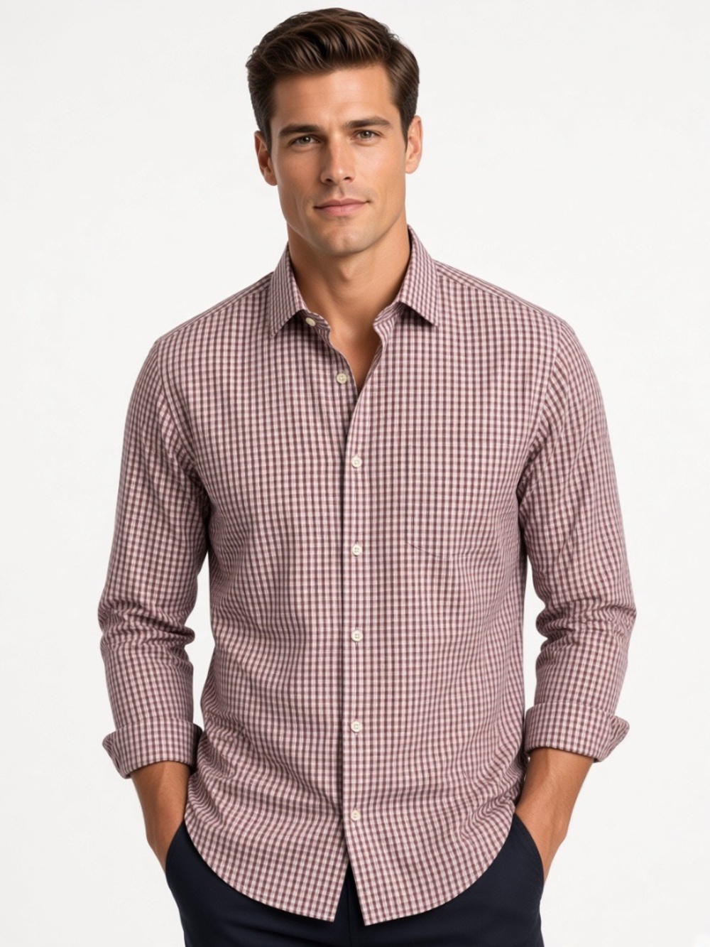 Men's Large Bananas Republic Burgundy Gingham Button-Down Long Sleeve Shirt
